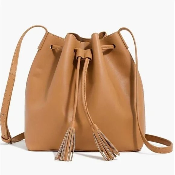 J. Crew Womens Tassel Drawstring Crossbody Bag Camel Brown L1858 Bohemian - Picture 1 of 6
